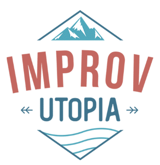 Logo for Improv Utopia featuring stylized mountains above the word IMPROV in large red letters, UTOPIA in smaller blue letters below, and blue waves at the bottom.